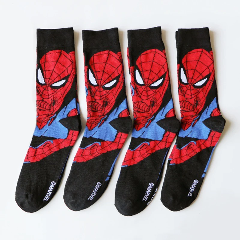 4 Pairs of Men\'s Novel Cartoon Anime Hero Spider Man Fashionable Casual Sports European and American Mid Tube Compression Socks