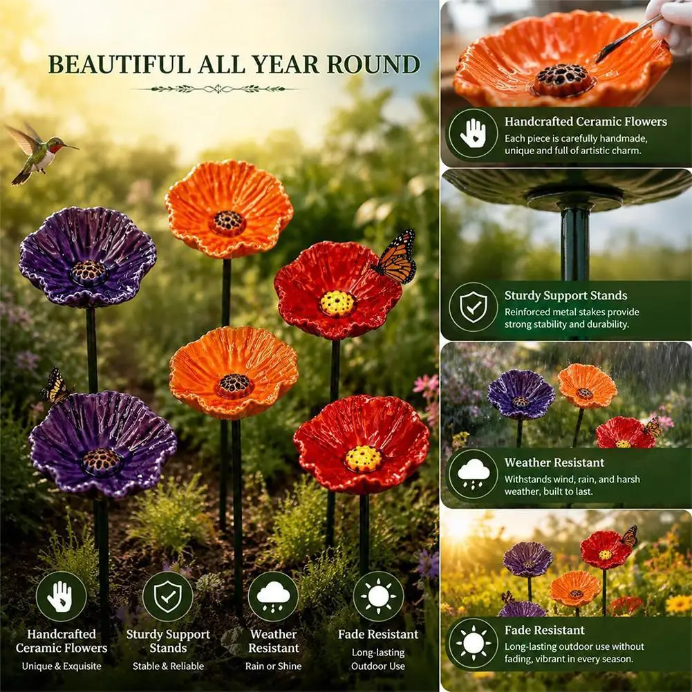 Bee Water Feeder Ceramic Flower Insect Drinking Cup Insect Watering Station Yard Garden Decor Bird Bath Stakes Wild Life Feeder