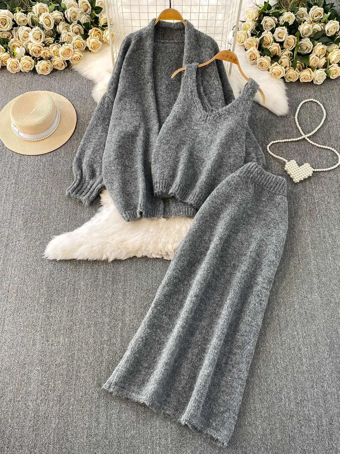 Autumn Winter Soft Plu Cardigan awl Midi Coat + Lady Vest +  Skirt Tee-Piece Set Warm Cozy Fluffy Open Front Outerwear