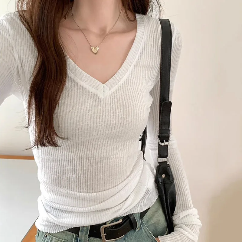 Woman Thin Perspective Long Sleeve T Shirt Summer Solid Slim V-Neck Casual Basic Tees Tops Female Korean Popular Base Shirts