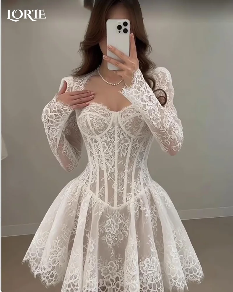 LORIE Sexy Mini Lace Wedding Dresses Sweetheart Appliques Long Sleeves Bridal Gowns Above Knee Bodycon Bride Dresses Customized