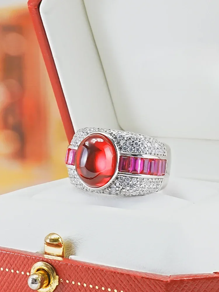 Luxury Set Artificial Red Chalcedony 925 Silver Ring with High Carbon Diamond Ring Vintage Wedding Jewelry