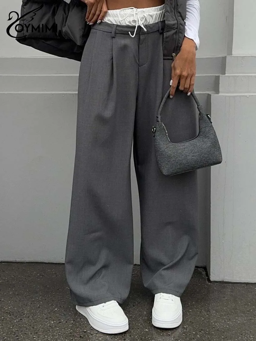 

Oymimi Elegant Grey Patchwork Women's Pants Fashion High Waisted Drawstring Trousers Casual Straight Pockets Full Length Pants