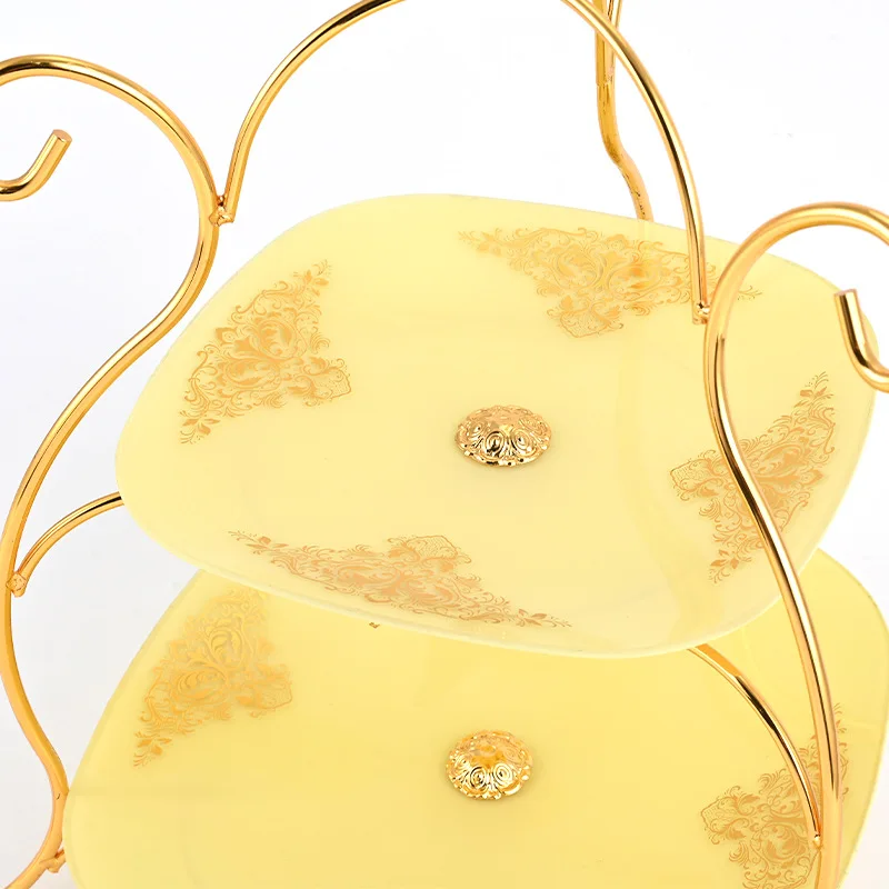 Light luxury wrought iron wholesale household afternoon tea snack tray three-layer round glass fruit plate can be processed