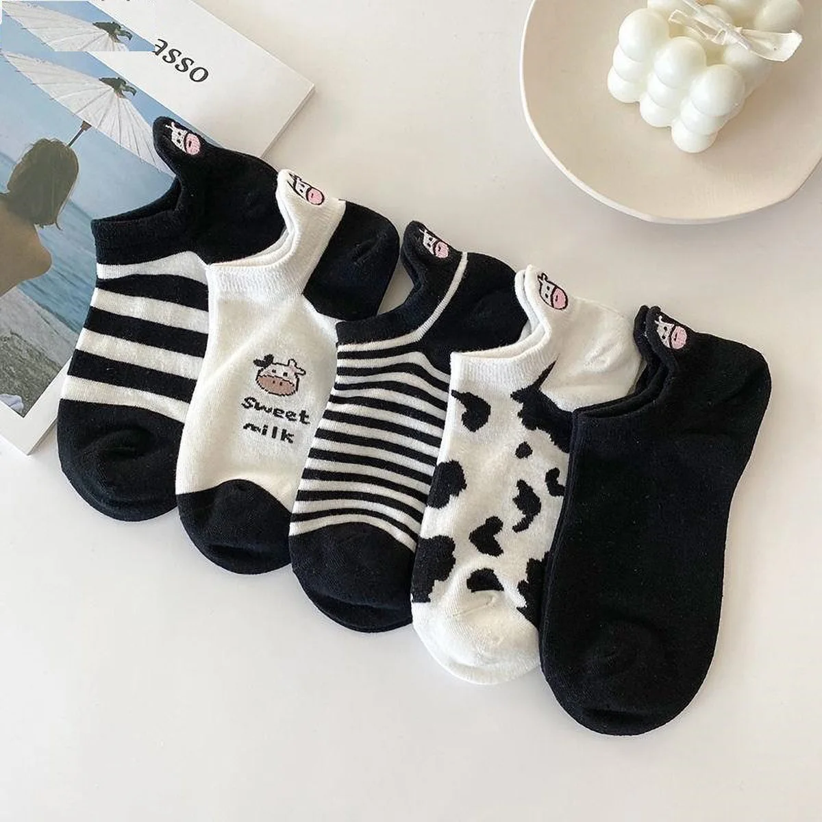5 Pairs Women's Summer Ankle Socks Cute Cow Print Thin Breathable Socks Black White Striped Casual Low Cut Short Socks
