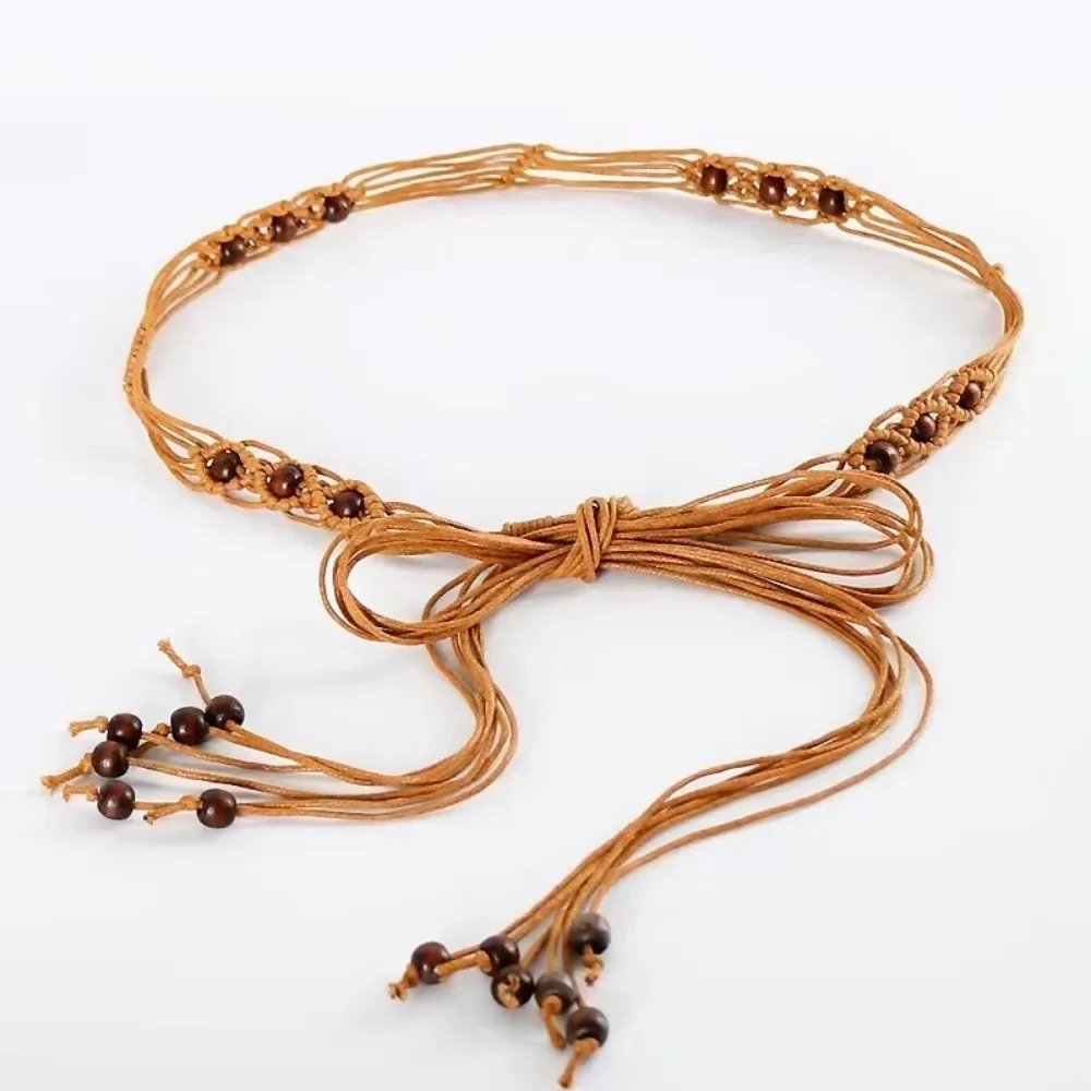 Woven Cord Belt Skinny white belt for women with wooden beads
