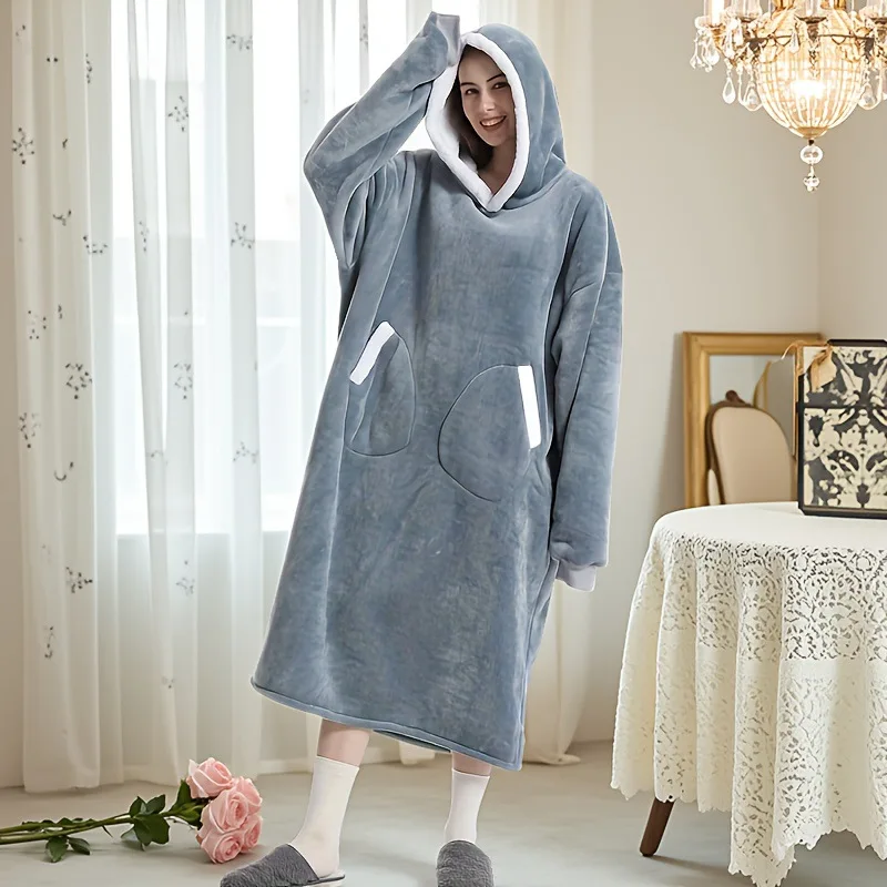 Winter Thickened Flannel Fleece Hooded Wearable Blanket Long Sleeve Warm Coldproof Double Pockets Casual Soft Adult Homewear