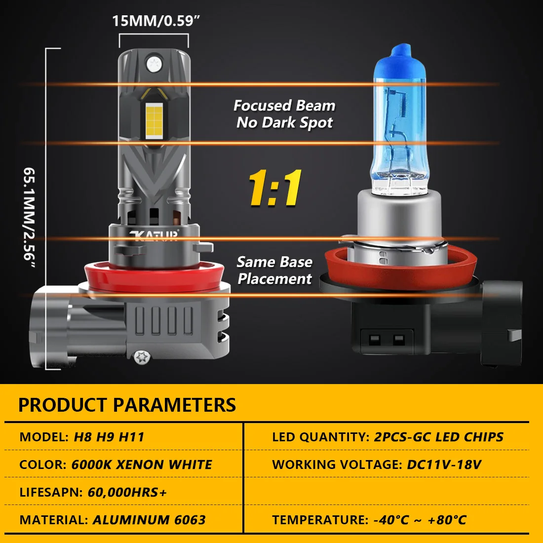 KATUR H11 LED Headlight Bulbs, 100W 20000LM 6000K Xenon White Wireless H11 Headlight Bulb 1:1 Mini Size H8 H9 H11 LED Fog Light
