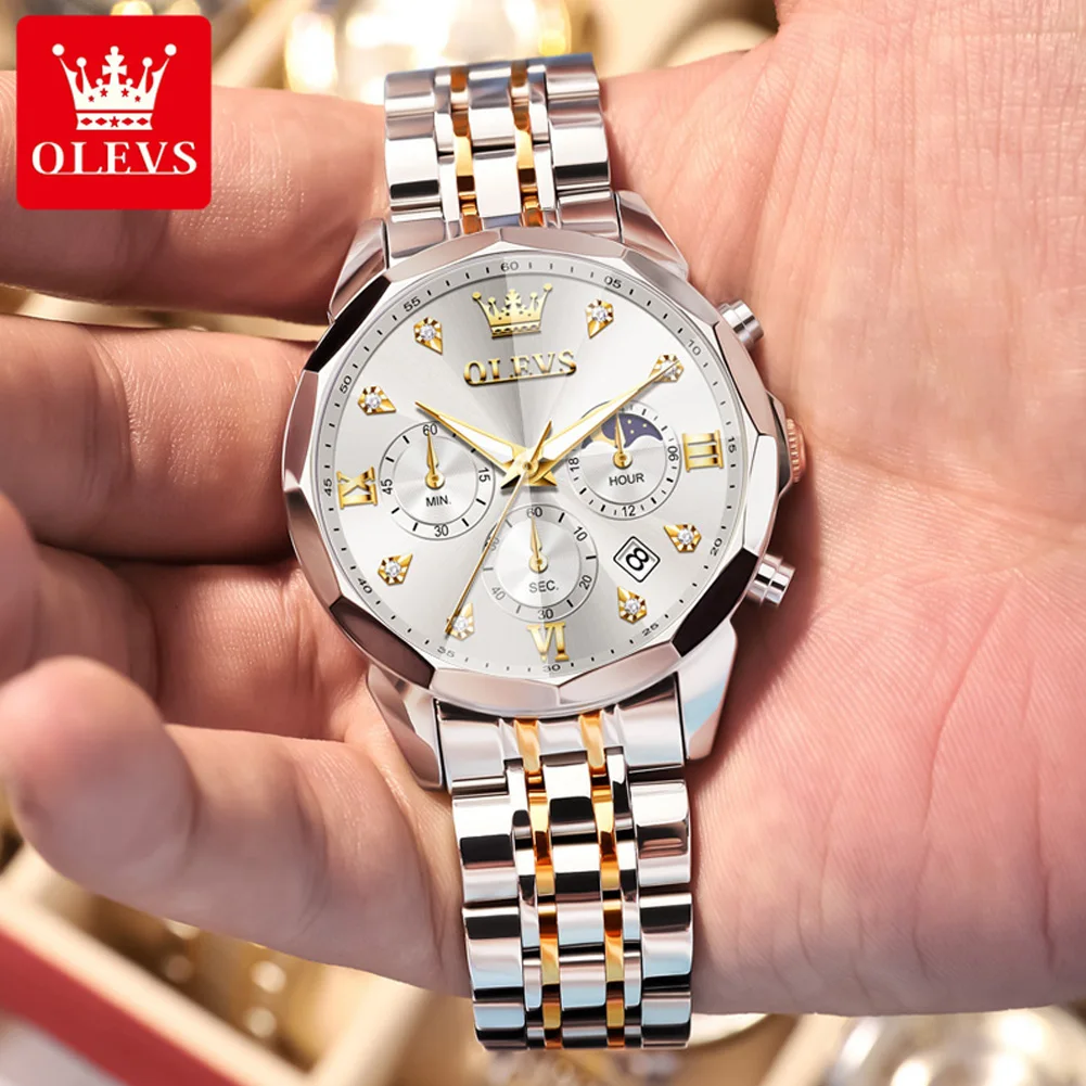 OLEVS 3670 Original Quartz Watch For Men Three Dials 24-hour Moon Phase Luminous Function 30m Waterproof Calendar Window Watch