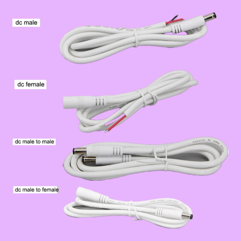 white 1m 2pin wire DC Male Female to male female Power Supply Connector 5v 12v 24v extension Cable 5.5x2.1 18awg 7A For Strip P2