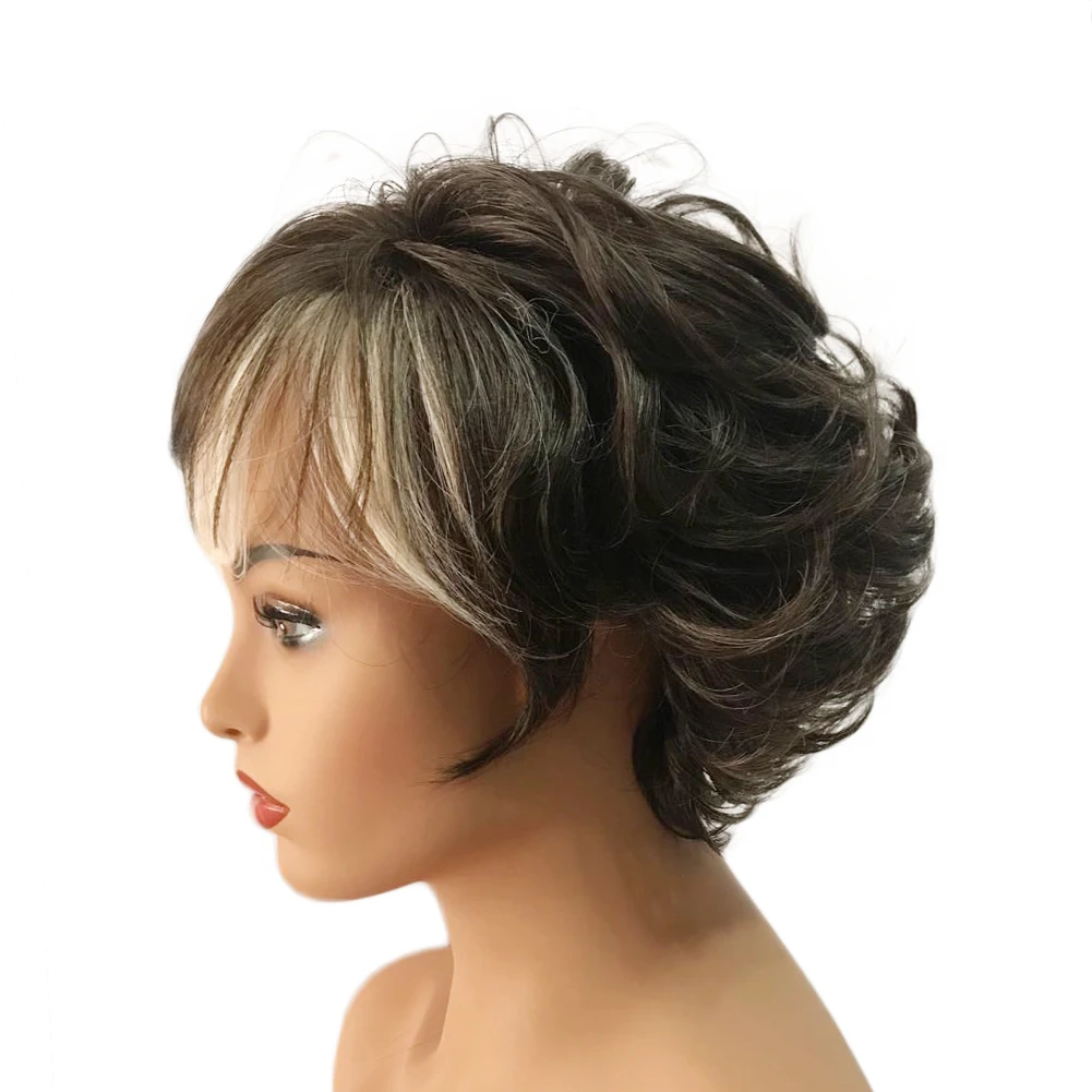 Women's Short Straight Brown and Silver Mixed Natural Synthetic Hair Full Wig with full Bangs