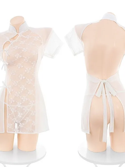 Feimu الدانتيل المرقعة شفافة شيونغسام مثير الرغبة النقية منامة فستان أنيق شبكة الدانتيل الحلو تي شيرت فستان قصير M3O8