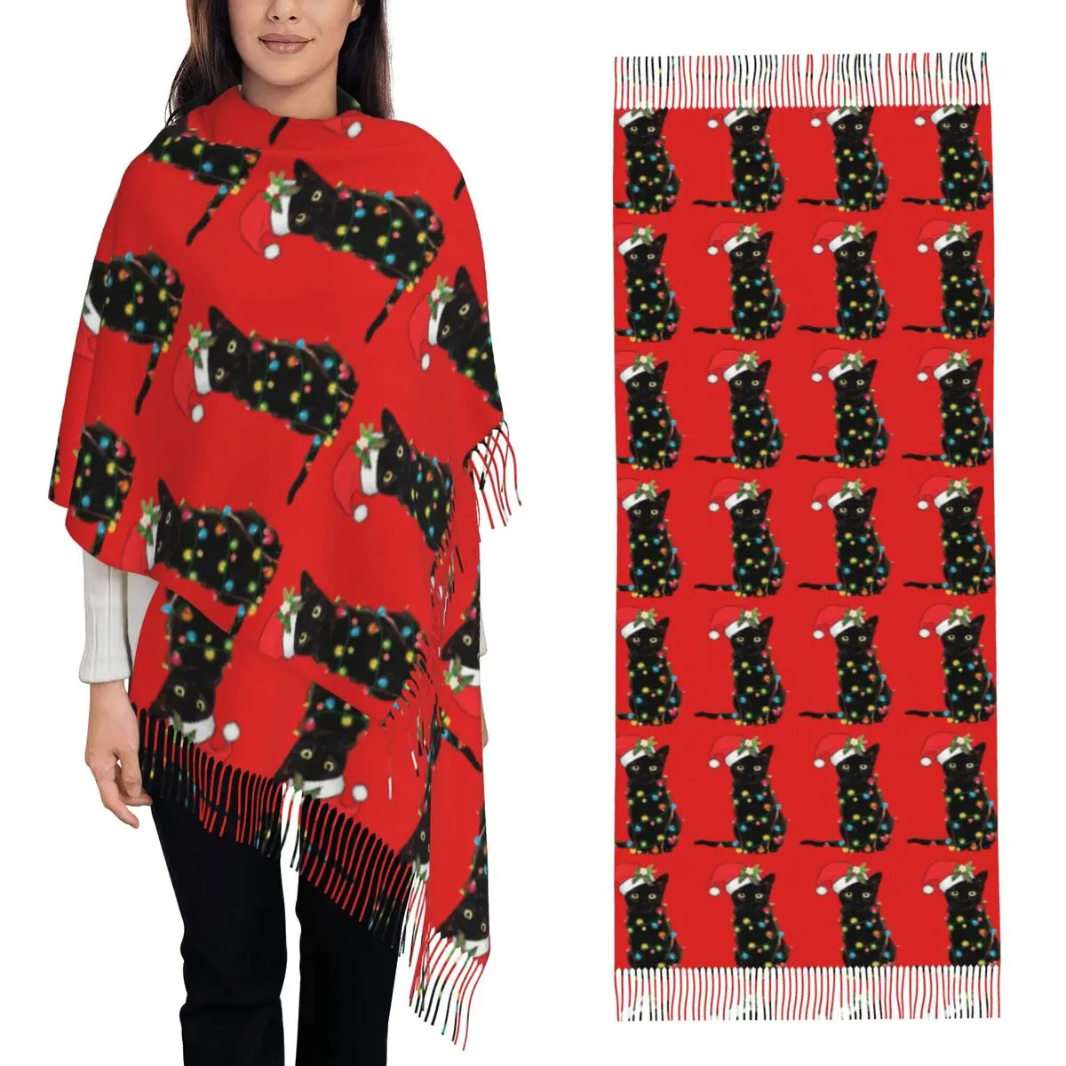 Black Santa Cat In Lights Christmas Santa Scarf Tassel Scarves for Women Soft Warm Shawls and Wraps Long Fall Winter Shawl Wrap