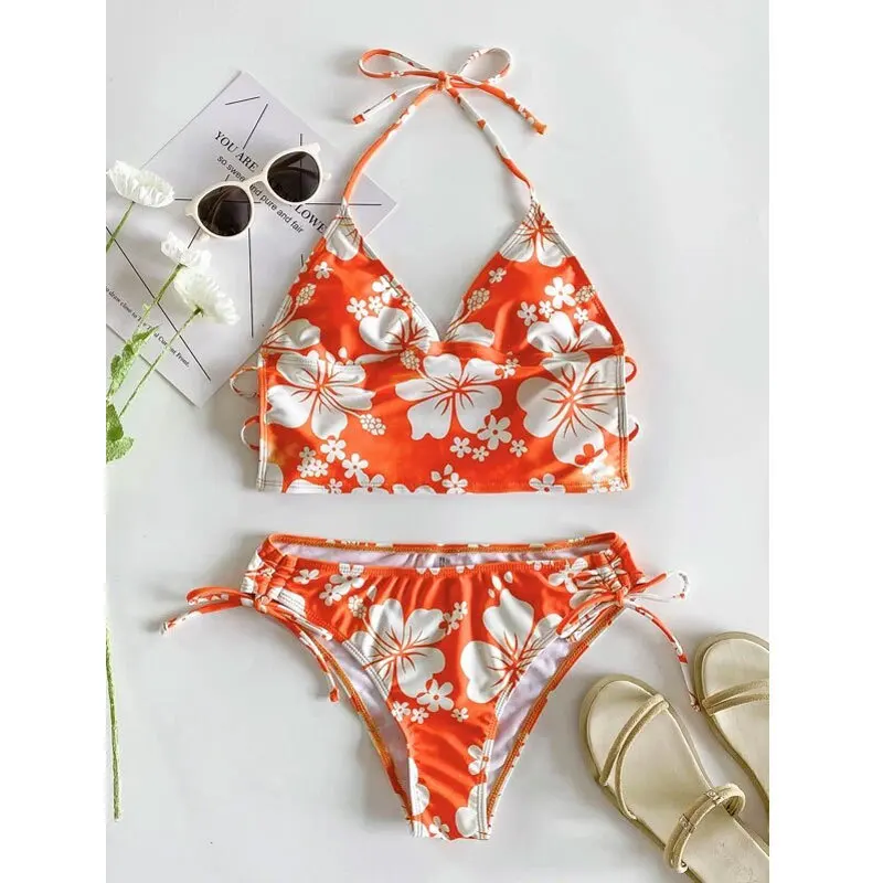 Traje de baño de dos piezas con estampado Floral para mujer, conjunto de Bikini con cuello Halter, Tankini con cordones y realce