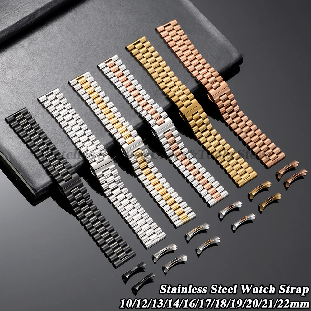 10/12/13/14/16/17/18/19/20/21/22mm Solid Stainless Steel Watch Straps Butterfly Buckle Bracelet Curved End Men Women Replacement