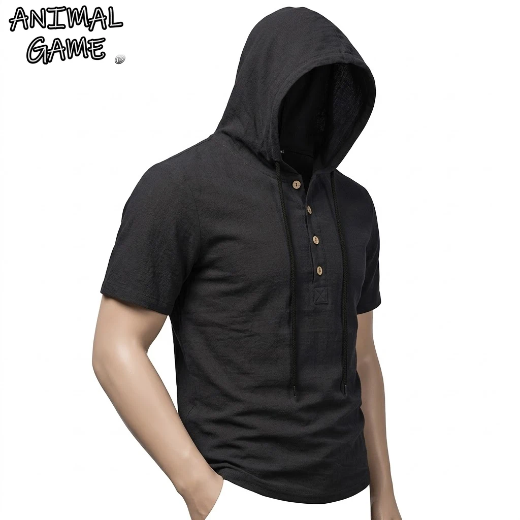 Camisas de Linho com Capuz para Homens, Camisetas de Algodão de Manga Curta, Camisetas Casuais Havaianas para Homens, Suéter Leve