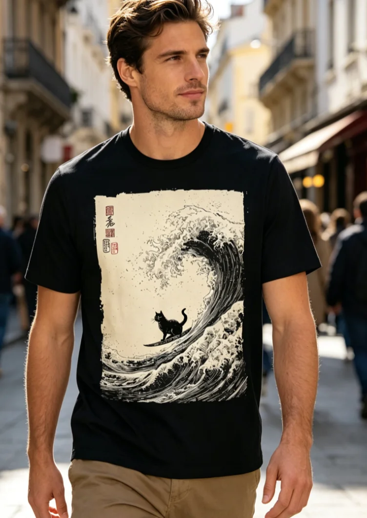 Funny Cat Surfing Great Wave Japanese Ukiyo-e Art T-Shirt New Short-sleeved Shirt Casual Loose Mesh Fashion Trend Black T-shirt