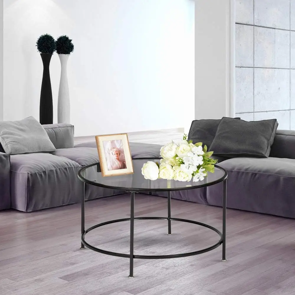 

26-inch Round Tempered Glass Coffee Table with Metal Base for Living Room