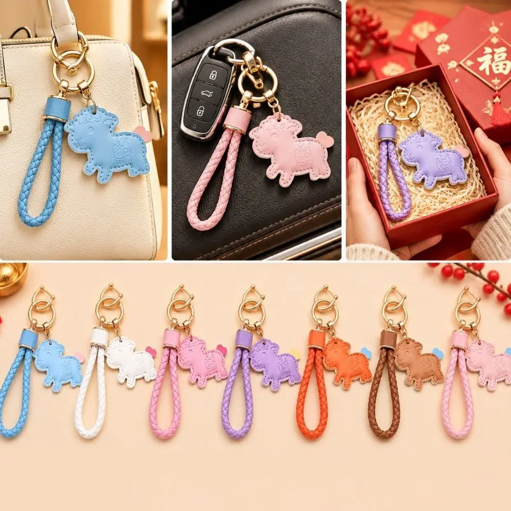 Rich and Lucky Cartoon Pu Sheep Keychain Braided Rope Leather Lamb Bag Charm Wrist Strap Anti-Loss Strap Car Key Ring Home Decor