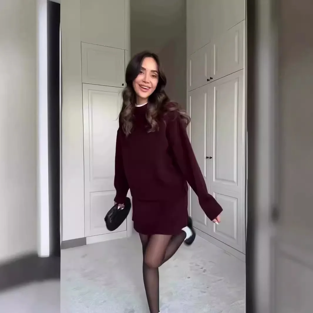 Traje de falda de punto para mujer, Jersey, suéter, minifaldas, conjuntos de 2 piezas, Top de punto con cuello redondo, trajes de punto, conjunto informal de otoño