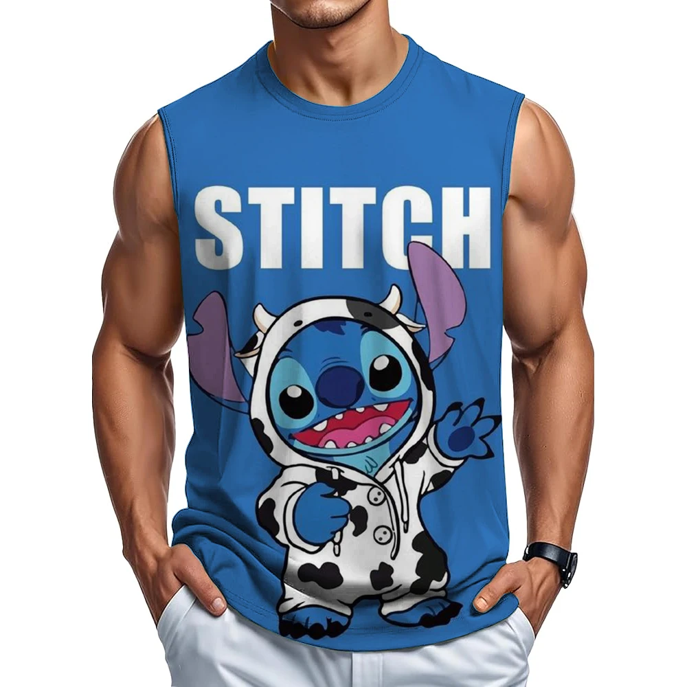 Chaleco de cuello redondo sin mangas de verano para hombre con estampado divertido de Stitch de Disney es un aspecto informal transpirable de moda urbana