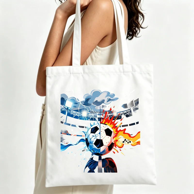 soccer ball graphic canvas tote bag with flame and cloud design, ideal for casual outings and sports events