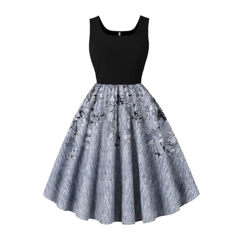 2025 Nieuwe Zomer Hepburn Retro Vrouwen Tank Top Kraag Mouwloze Jurk Streetwear 50 S 60 S Zwart Splice Print grote Hanger Jurken