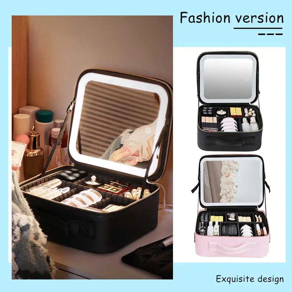 LED Cosmetic Case With Mirror Makeup Bag Large Capacity Female Beautician Skincare Product Makeup Case Portable Travel Bags