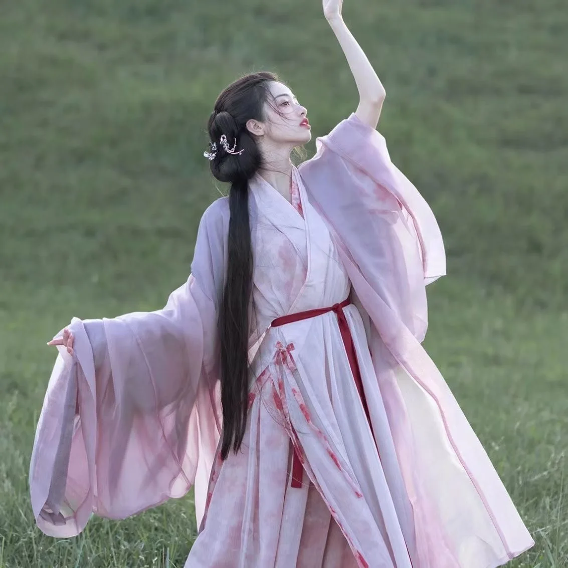 Hanfu 드레스 여성 고대 중국 전통 Hanfu 복장, 보라색 인쇄 큰 소매 요정 가운 스커트 댄스 공연 의상 