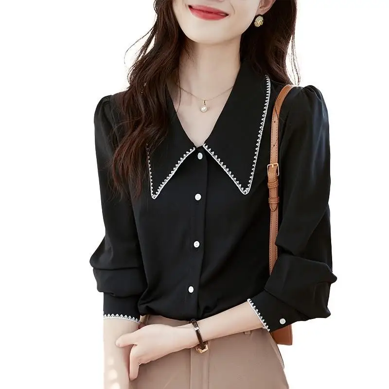 Spring Autumn New Doll Collar Long Sleeve Fashion Shirt Women High Street Casual Loose Button Cardigan Elegant All-match Tops