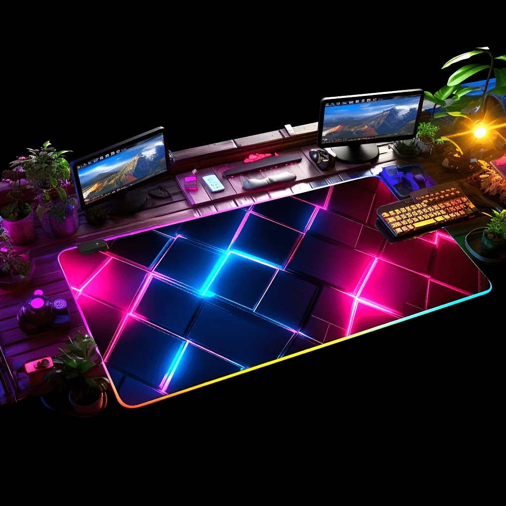 Neon Grid Print RGB Large Mouse Pad, Smooth Rubber LED Desk Mat, Extra Large Gaming Mouse Mat with Multiple Light Modes