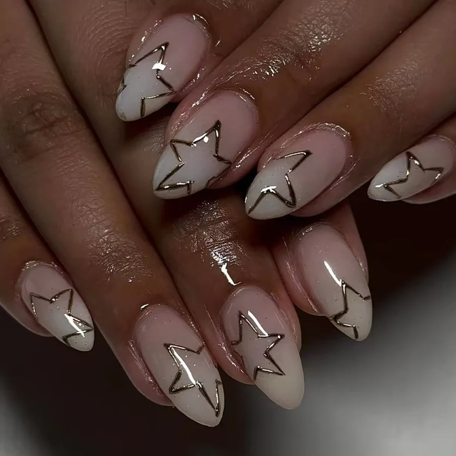 24pcs Glitter Short Almond Press on Nails Sets Finished Star Design Silver Cat's Eye False Nail Art Reusable Simple Fake Nails