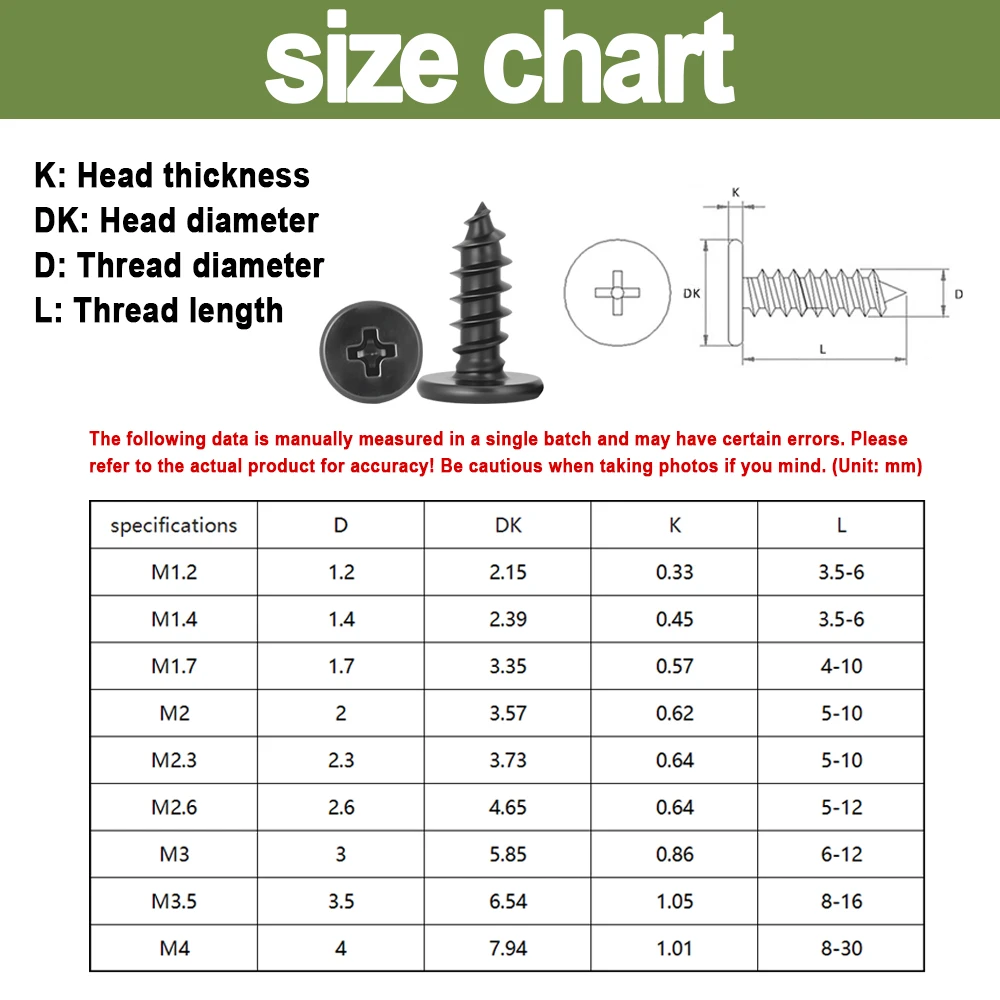 Carbon Steel Phillips Self-Tapping Wood Screw Ultrathin Phillips Ultra Thin Low Flat Wafer Head M1.2 M1.4M1.7M2M2.3M2.6 M3M3.5M4
