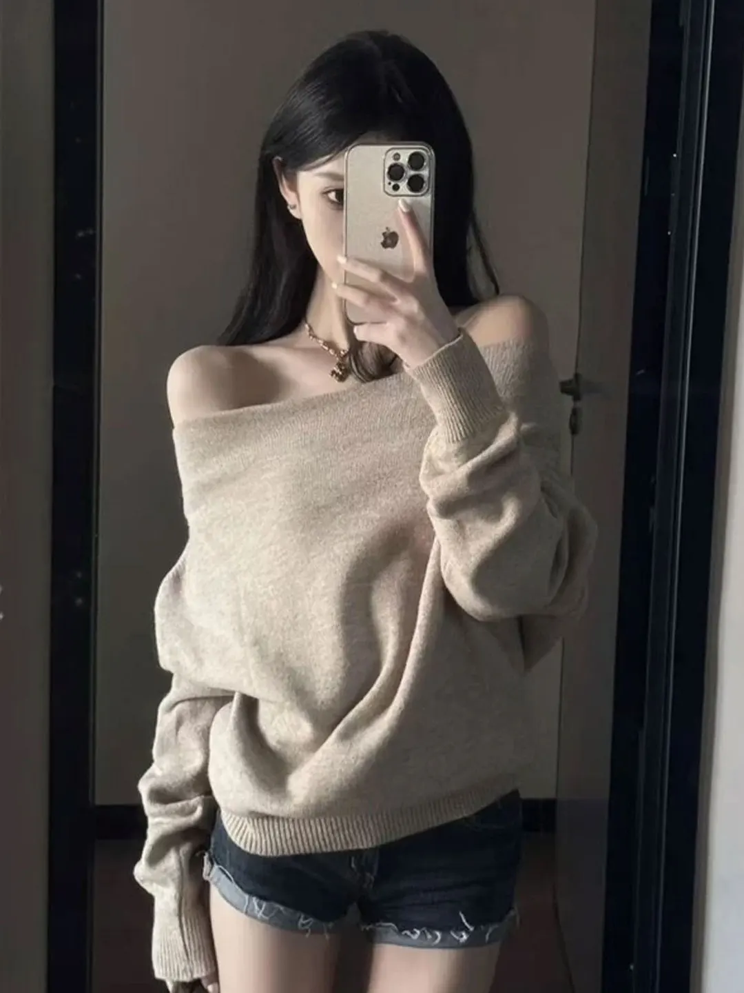 Stylish Shoulder Bared Knitwear Women's Loose Fit Autumn Winter Outerwear Casual Base Layer Long Sleeve Knitted Sweater