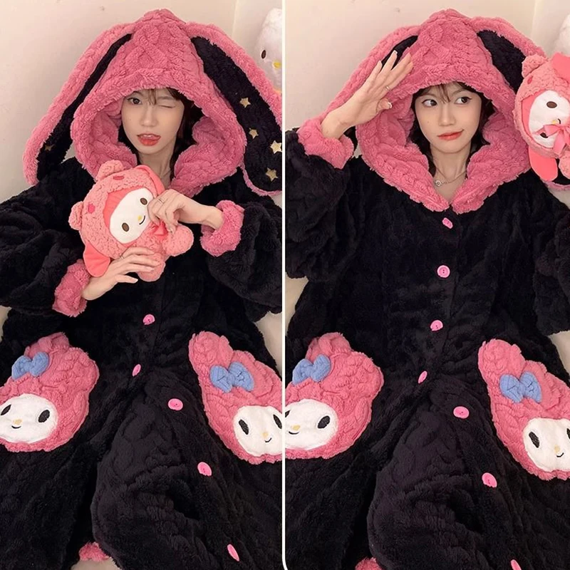 2Pcs My Melody Quilt Pajamas Kawaii Sanrio Anime Cartoon Winter Coral Fleece Thicken Nightgown Pajama Pants Girl Loungewear Set