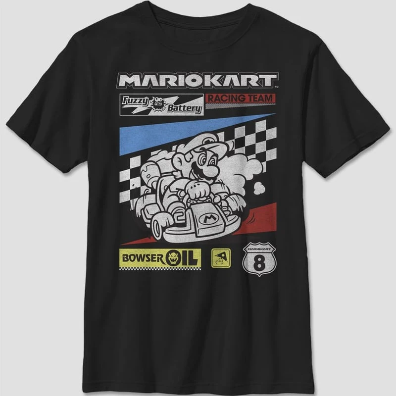 Mario Kart Racing Team Graphic T-Shirt Vintage Game Poster Style Super Mario Kart Men's Women's and Kids Short Sleeve Casual Tee