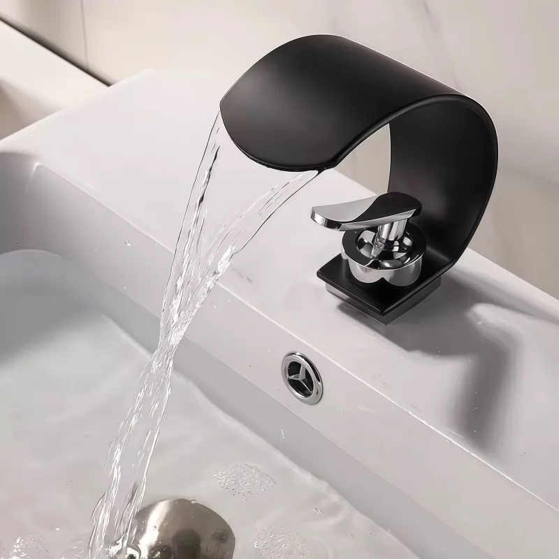 Basin Waterfall Faucet Wide Spout All-Copper Brushed Black Hot and Cold Water Countertop Faucet Large Water Flow
