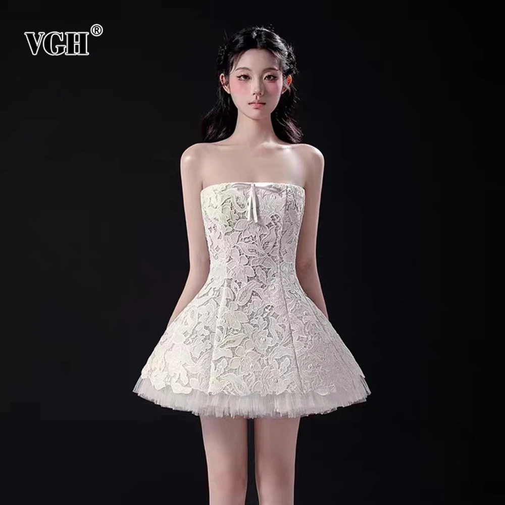

VGH Slimming Solid Lsce Spliced Bowknot Mini Dresses For Women Strapless Sleeveless Backless High Waist Elegant Dress Female New