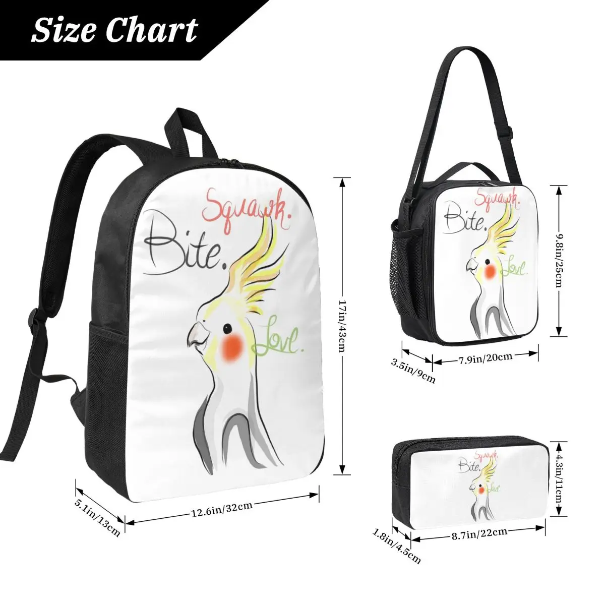 Cockatoo Cockatiel Parrot Squawk Bite Love Backpack BookBag School Bag Shoulder Bags 3ps Insulated Lunch Bag Pencil Case