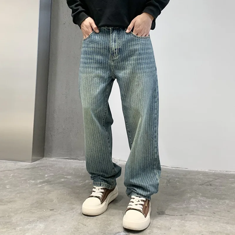 

9159 Spring and autumn retro washed jeans men's tide vertical grain senior sense of straight loose casual wide-leg trousers