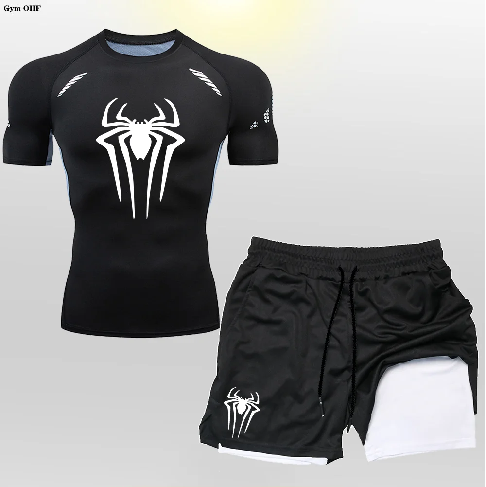 2099 Men's Rashguard Jiu Jitsu T-Shirt+Shorts Set Muay Thai Bjj Rashguard For Men 2 In 1 Double-Deck Shorts Gym Shirt Sportwear