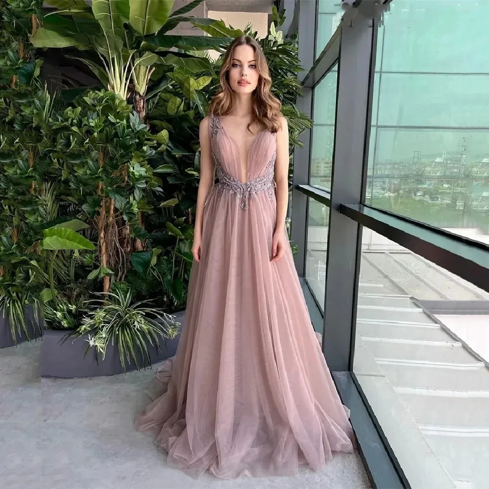 Flora Kleid rosa Tüll A-Linie Abendkleid boden lang V-Ausschnitt Spaghetti träger formale lange Cocktail Anlass Party Ballkleid