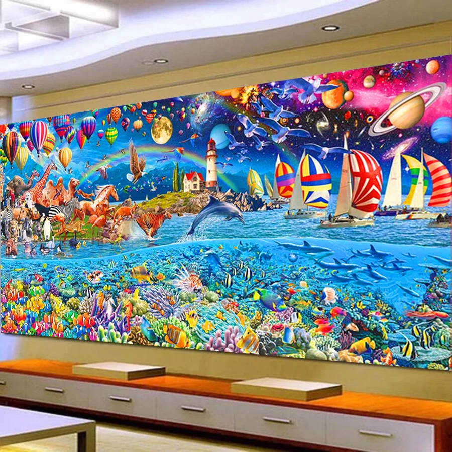 Duży rozmiar diamentowy obraz New Arrival 2024 Ocean Rainbow Sailboat Diy Full Mosaic Embroidery Animal Scenery Rhinestone Picture