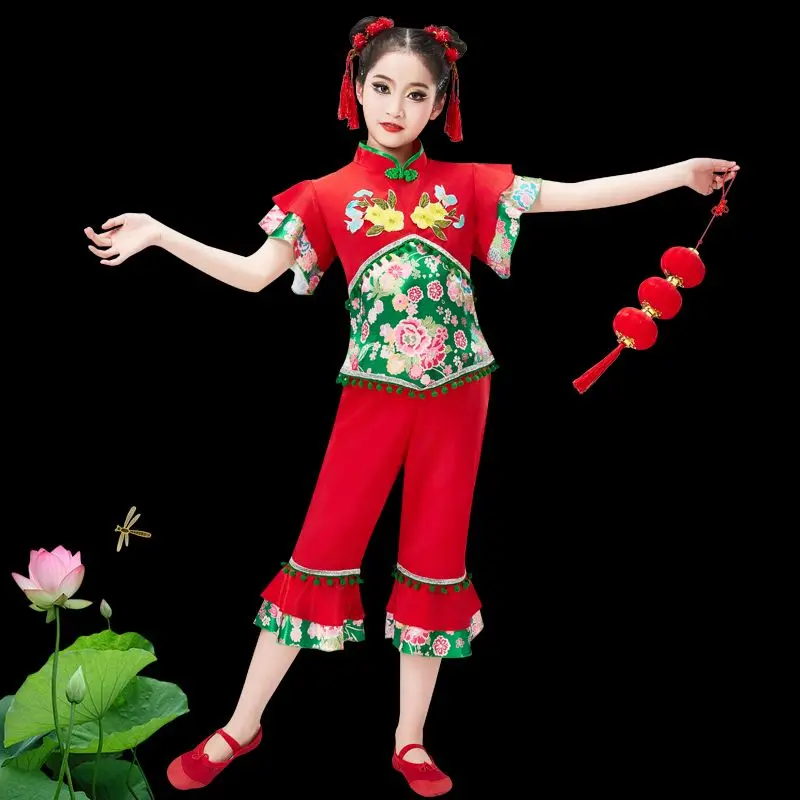 Costume de danse Yangko chinois ancien pour filles et enfants, vêtements de danse élégants en éventail, Costume de tambour de taille National traditionnel, parapluie de danse folklorique