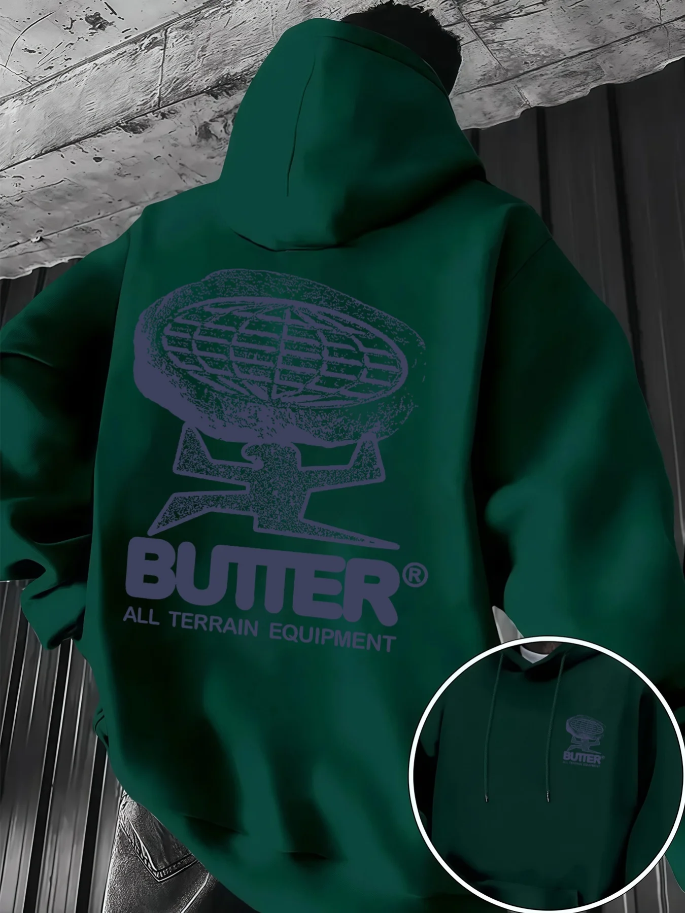 Retro distressed men's hooded sweatshirt with totem earth pattern print. Unique artistic fashion trend hooded sweatshirt.