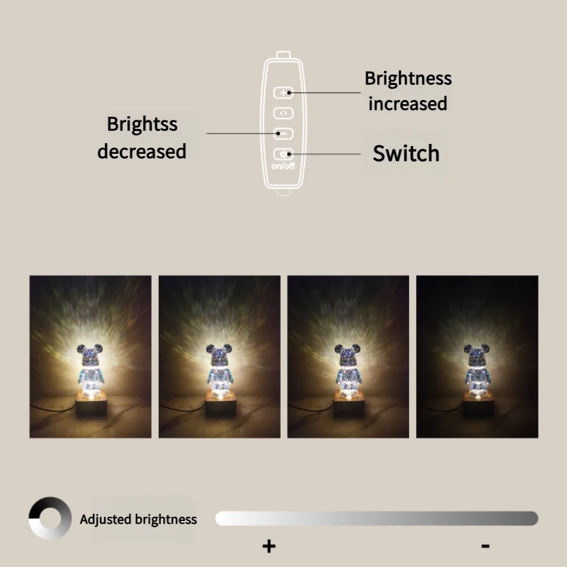 3D Fireworks LED Night Light Bear Ambient Light 3 Color Changing Modes Desk Lamp with USB Bear Decor Room