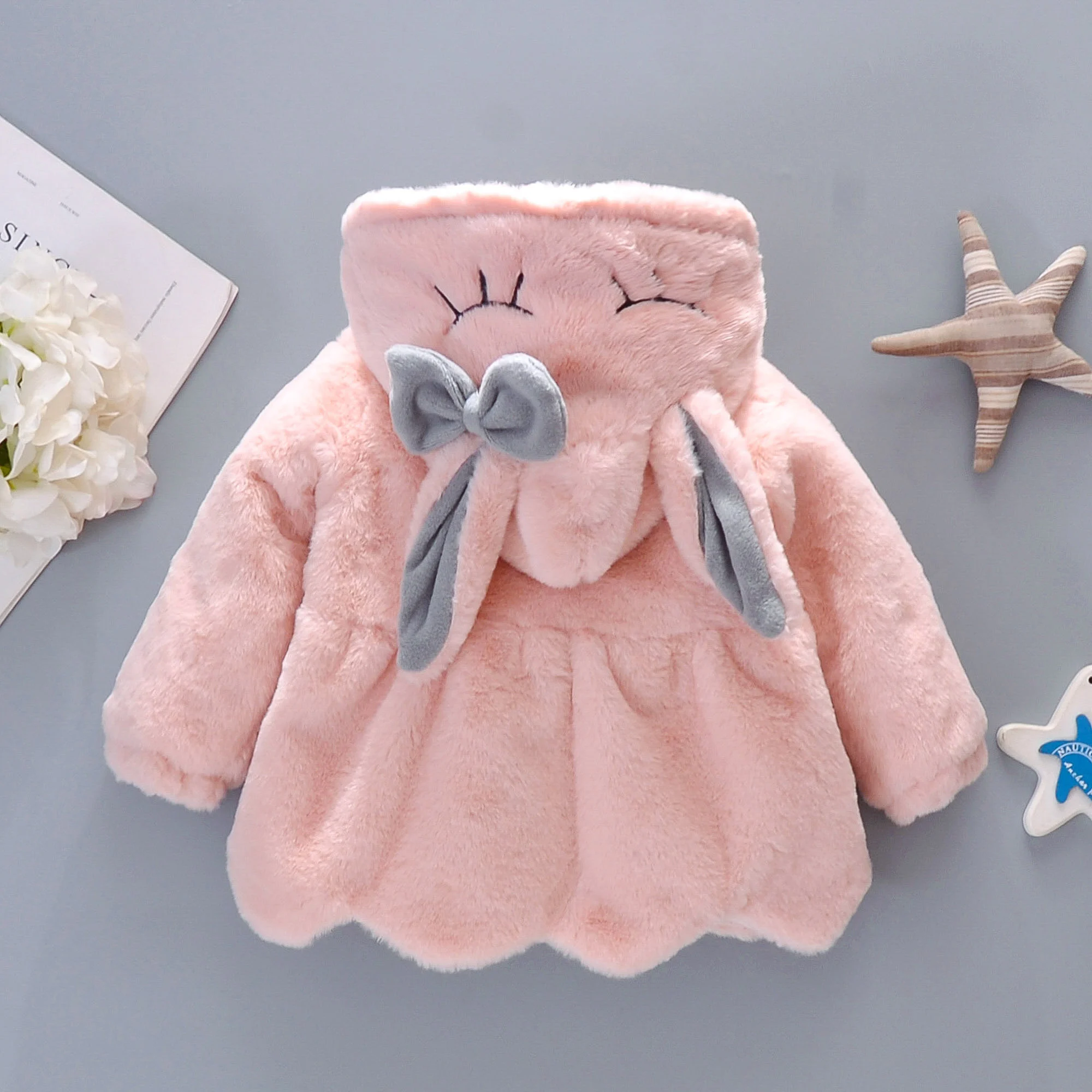 Autumn and Winter New Girls\' Wool Sweater Coat Children\'s Bow Long Ear Hooded Light Winter Yarn Thread Clip Thin Cotton Outwear