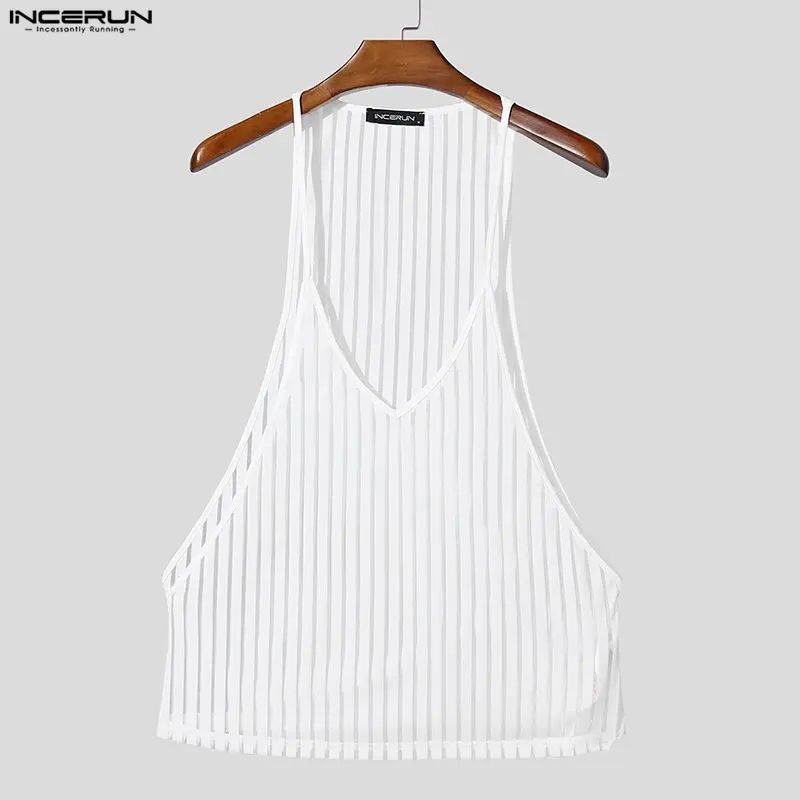 INCERUN Herren Gestreifte Tanktops Mesh Durchsichtig Tiefer V-Ausschnitt Männer-Westen Sommer Streetwear 2026 Sexy Stylische Herrenkleidung Oberteile S-3XL