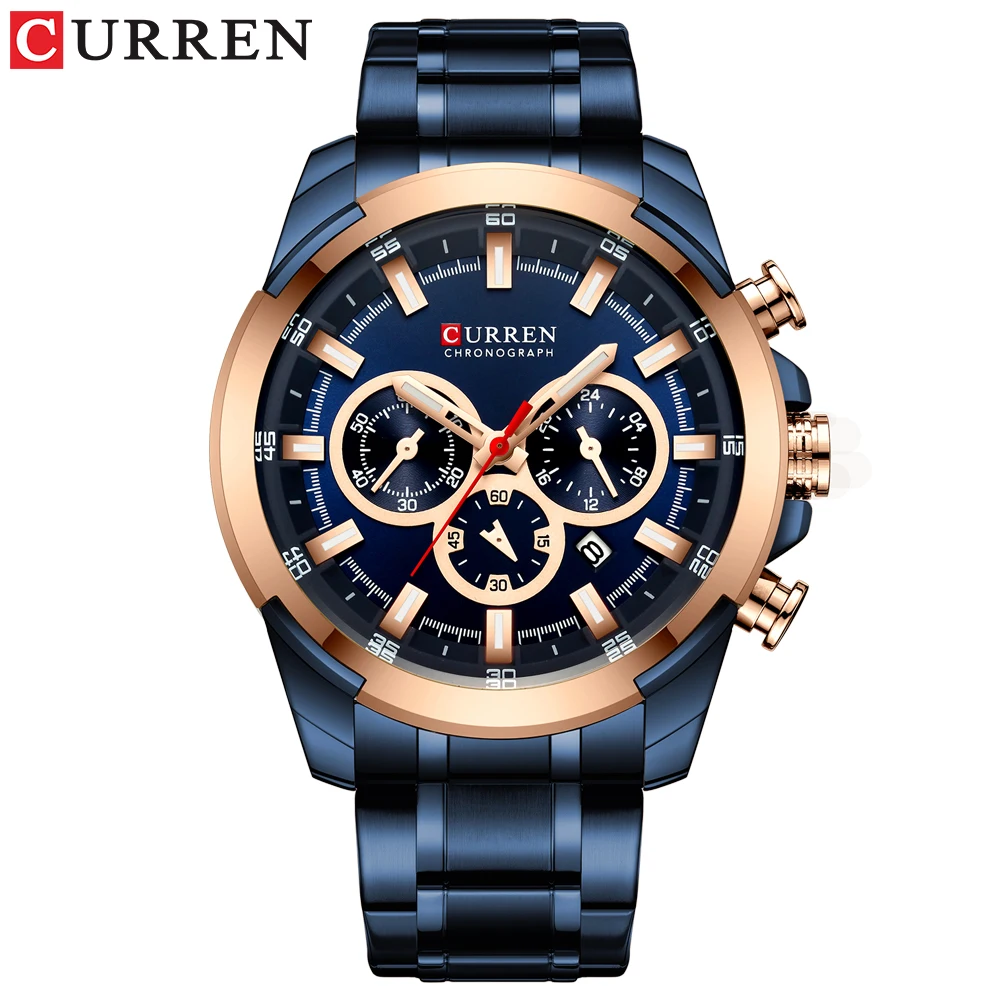 CURREN Luxury Sport Watches for Male Casual Quartz Chronograph Wristwatch Classic Luminous Hands Clock with Stainless Steel Band