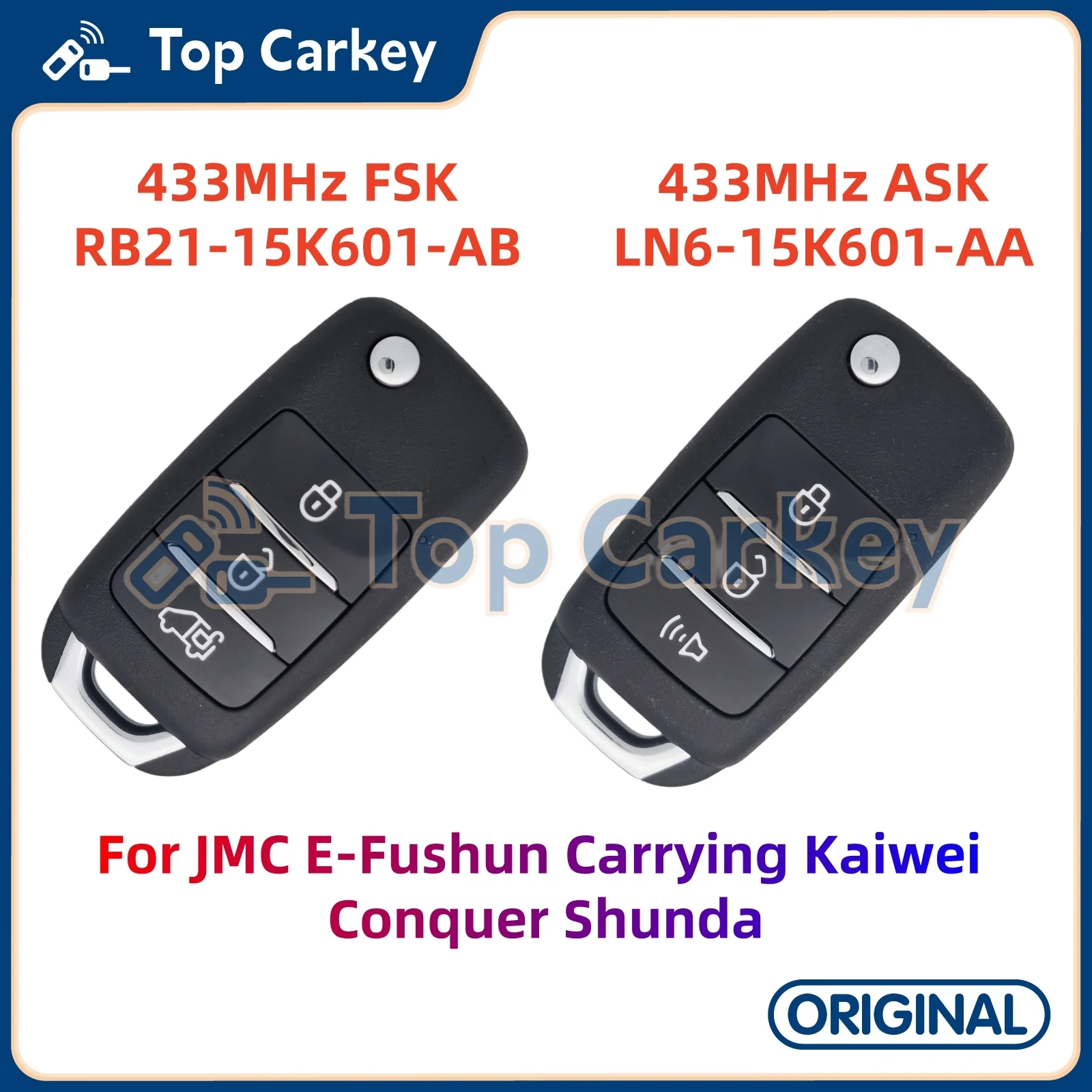 

TopCarkey Original Flip Remote Key 3 Buttons 433MHz ASK FSK for JMC E-Fushun Carrying Kaiwei Conquer Shunda